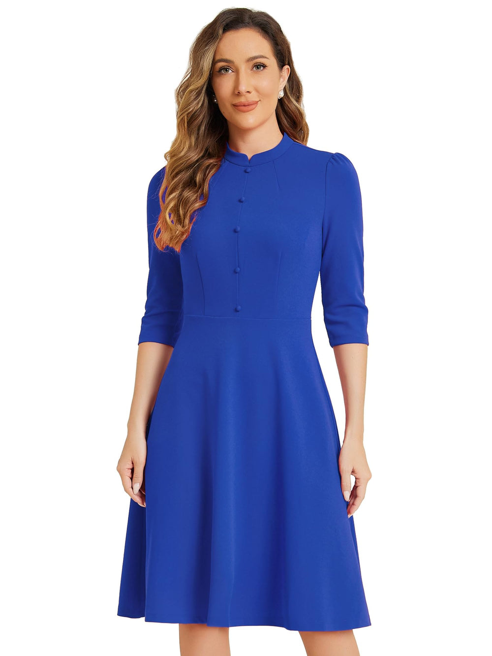Allegra K Stand Collar Vintage Dress - Office Chic in Royal Blue