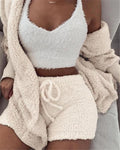 Stylish Women's Pajama Set: 3-Piece Comfort with Crop Top & Drawstring Shorts