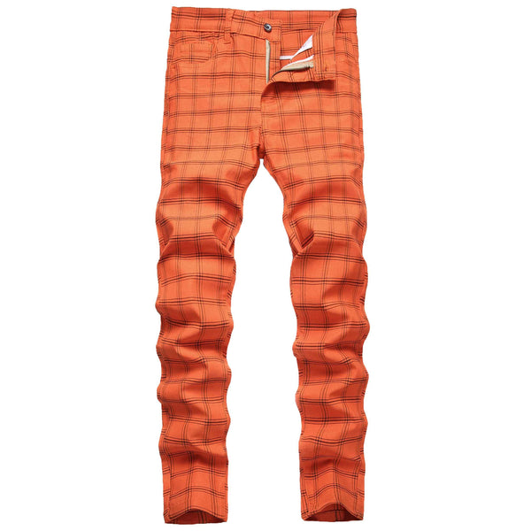 NOVOCCT Business Casual Orange Plaid Pants for Men - Slim Stretch Chinos - T12 32