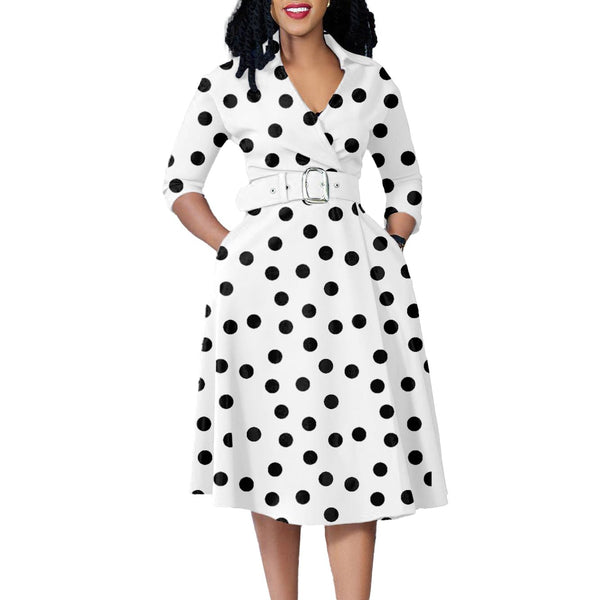 Elainone V-Neck A-Line Party Dress - Black Dot with Belt XXXL