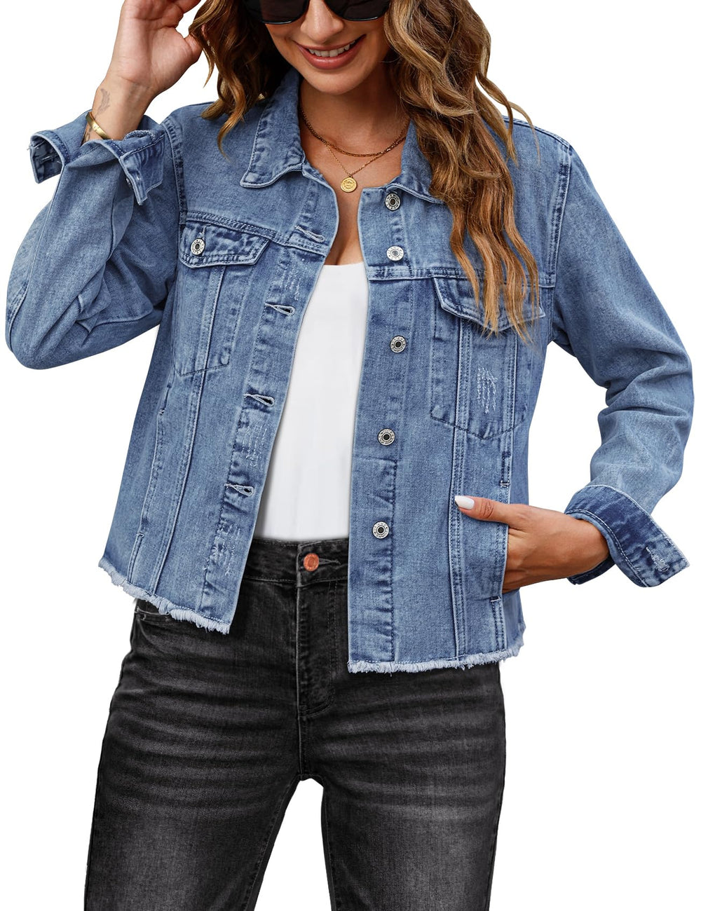 women’s medium blue denim jacket – Frayed Style