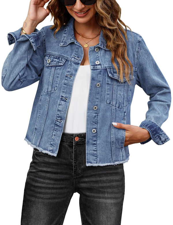 women’s medium blue denim jacket – Frayed Style