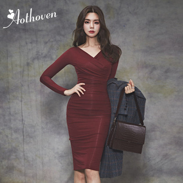 Burgundy Bodycon Midi Dress for Office and Parties