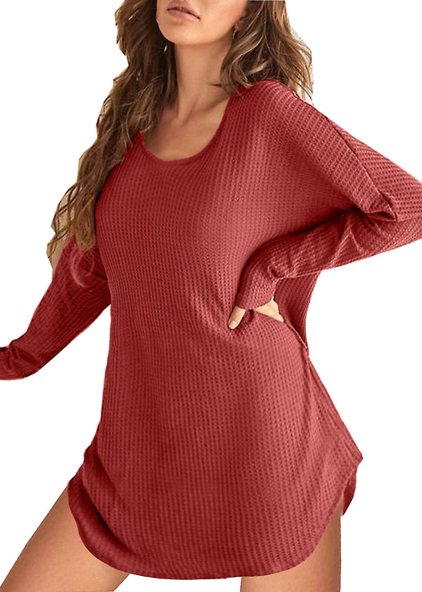 Ekouaer Women's Waffle Long Sleeve Sleep Dress Red XXL