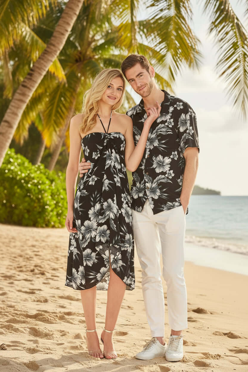 Midnight Bloom Hawaiian Matching Set for Couples