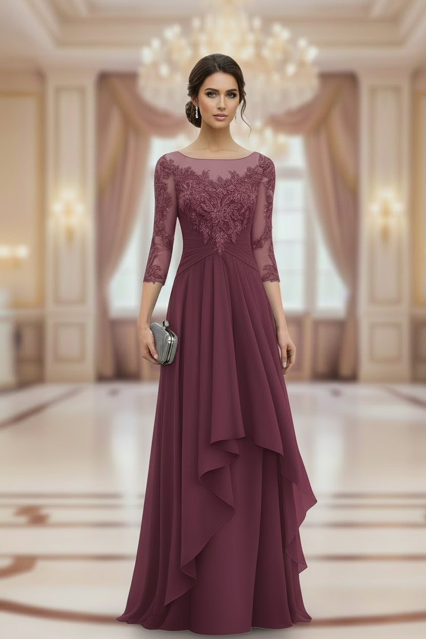 Elegant Mulberry Lace Mother's Gown with Sleeves