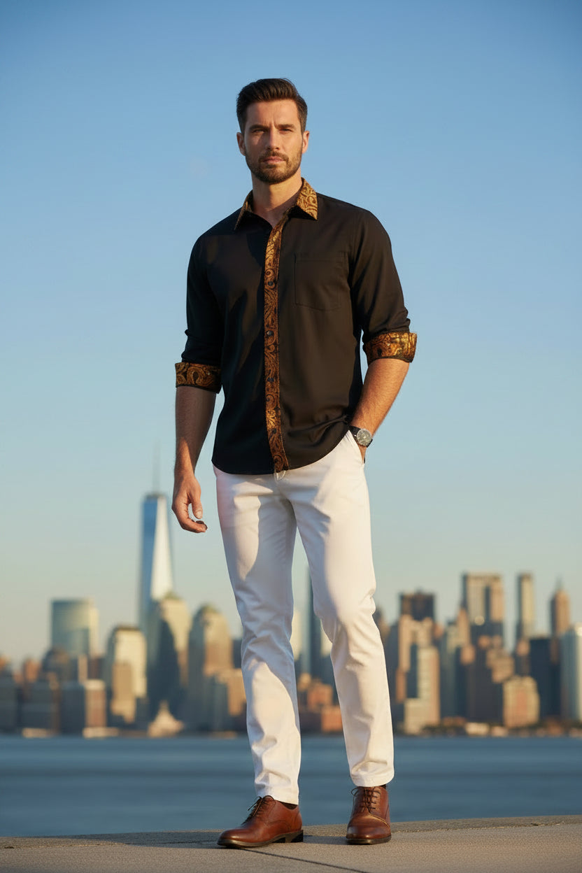 Barry.Wang Men's Formal Black Dress Shirt