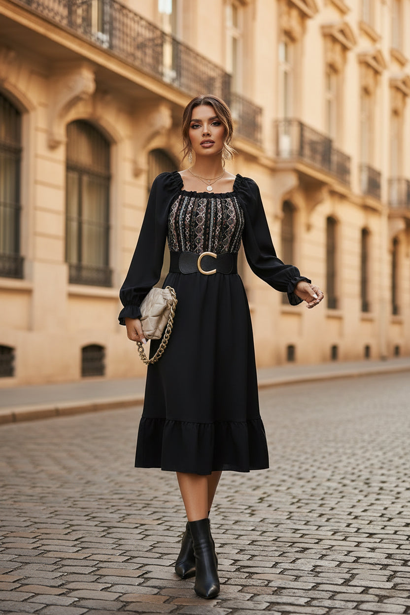 Chic Square-neck Midi Dress