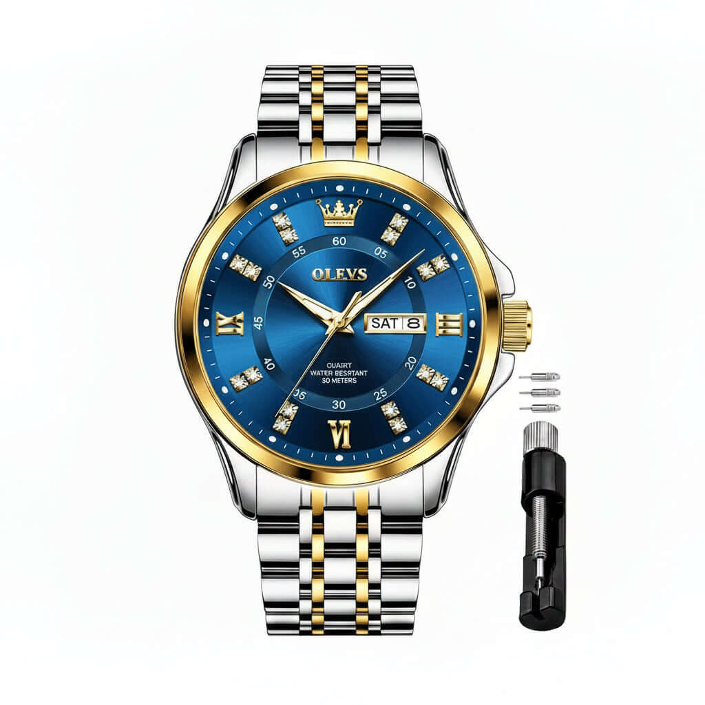 OLEVS Men's Blue Diamond Dial Business Watch