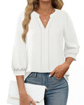 Messic Elegant Women's V-Neck Blouse: 3/4 Sleeve Pleated Tunic