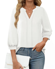 Messic Elegant Women's V-Neck Blouse: 3/4 Sleeve Pleated Tunic