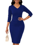 Women's V-Neck Ruched Work Dress - 3/4 Sleeve Midi