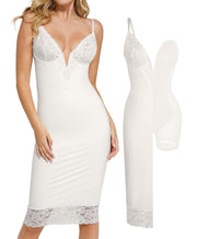 Popilush V-Neck Lace Shaper Midi Dress - White