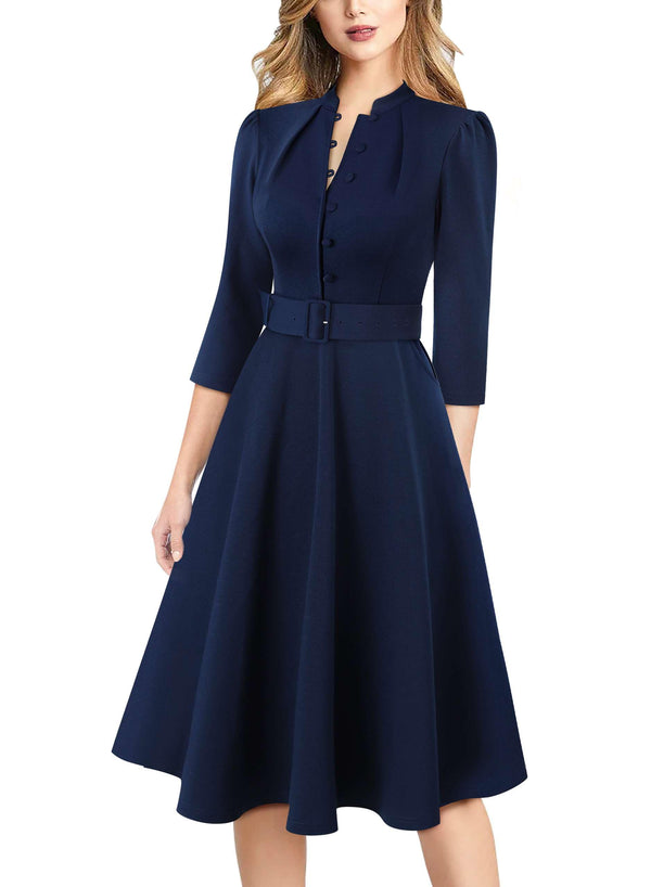 VFSHOW Elegant Navy Midi Business Dress with Pockets XXL