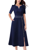 VFSHOW Women's Navy Pleated V-Neck Office Midi Dress
