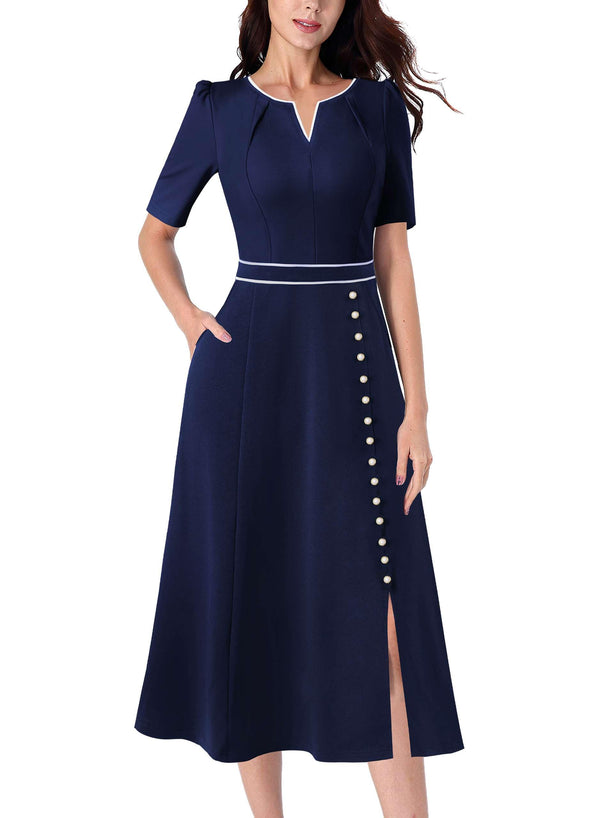 VFSHOW Women's Navy Pleated V-Neck Office Midi Dress