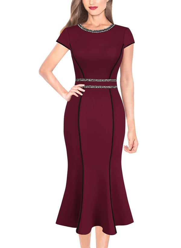 VFSHOW Womens Tweed-Trim Mermaid Midi Dress (Dark Red, S)