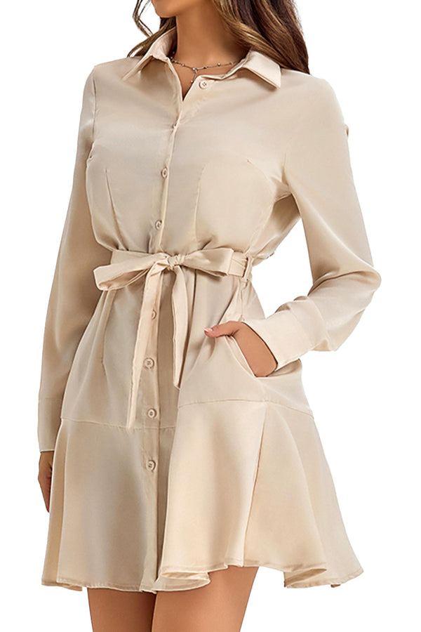 Women's Chic Office Shirt Dress with Belt Beige Small