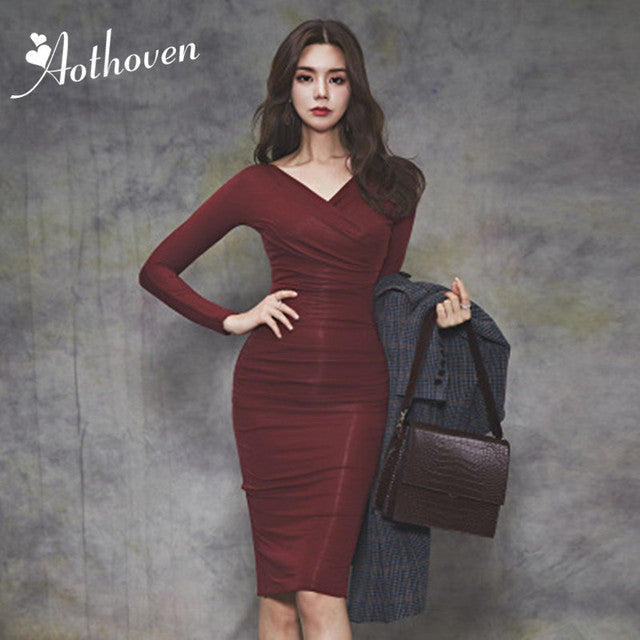 Burgundy Bodycon Midi Dress for Office and Parties